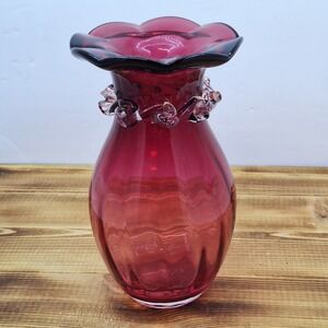 Vintage Glass Cranberry Bud Vase with Applied Rigaree Collar 6.5"